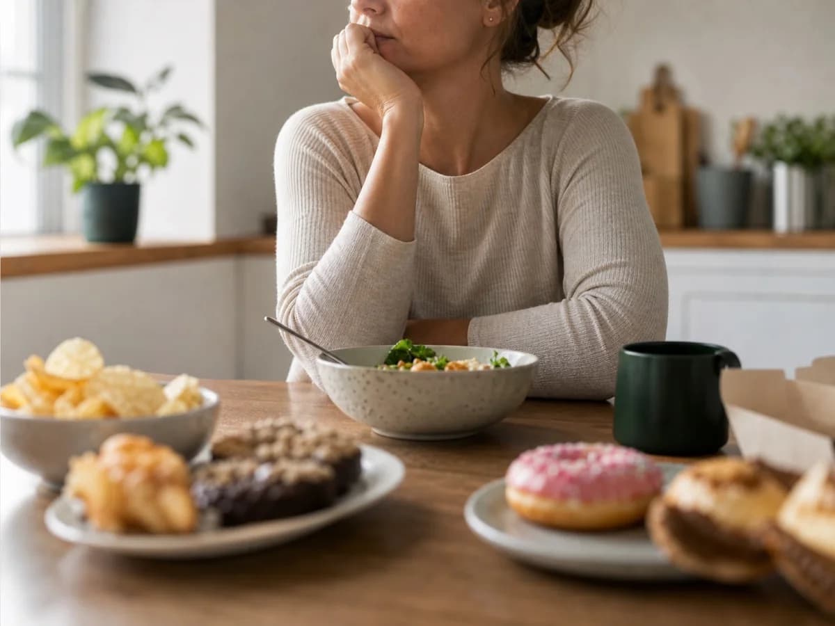 Adult considering a meal as part of a weight-management routine