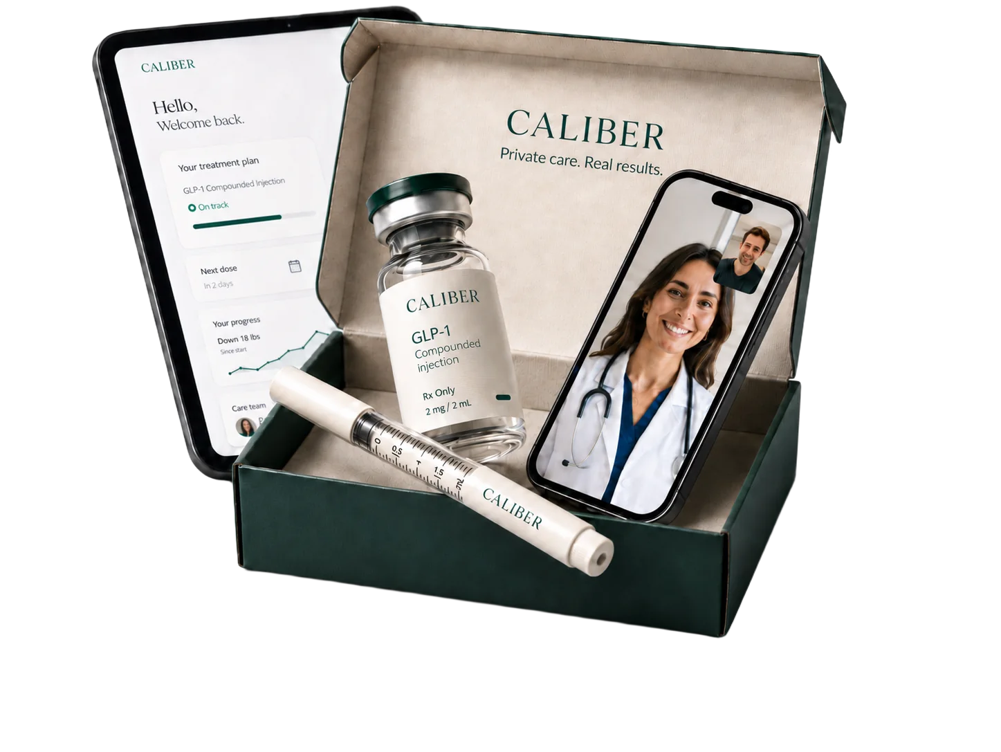 The Caliber pack — open forest-green box with vial, injection supplies, member dashboard on tablet, and a clinician on a video call