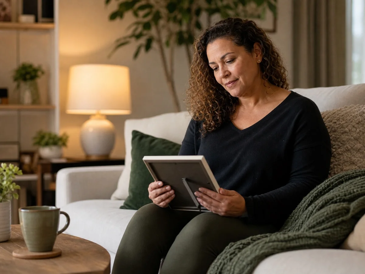 Person reflecting with a framed photo in a warm living room